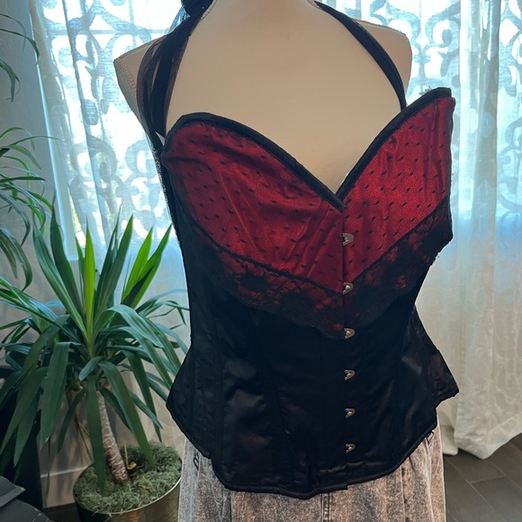 Size 38 Corset story red and black burlesque steel corset with halter top - Picture 13 of 15